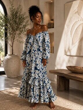 BY TIMO  Blue Daisy Print Maxi Dress